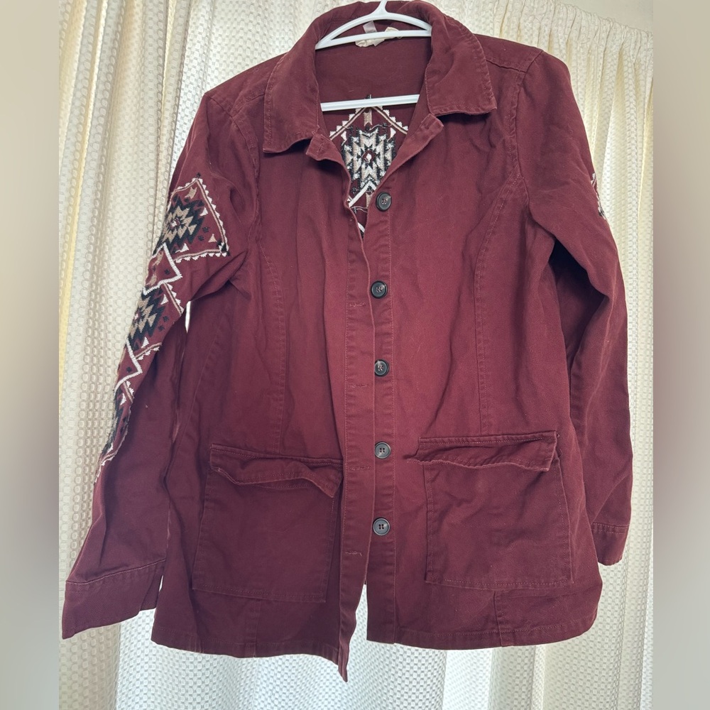 Women's Burgundy Jacket with Aztec Embroidered Details